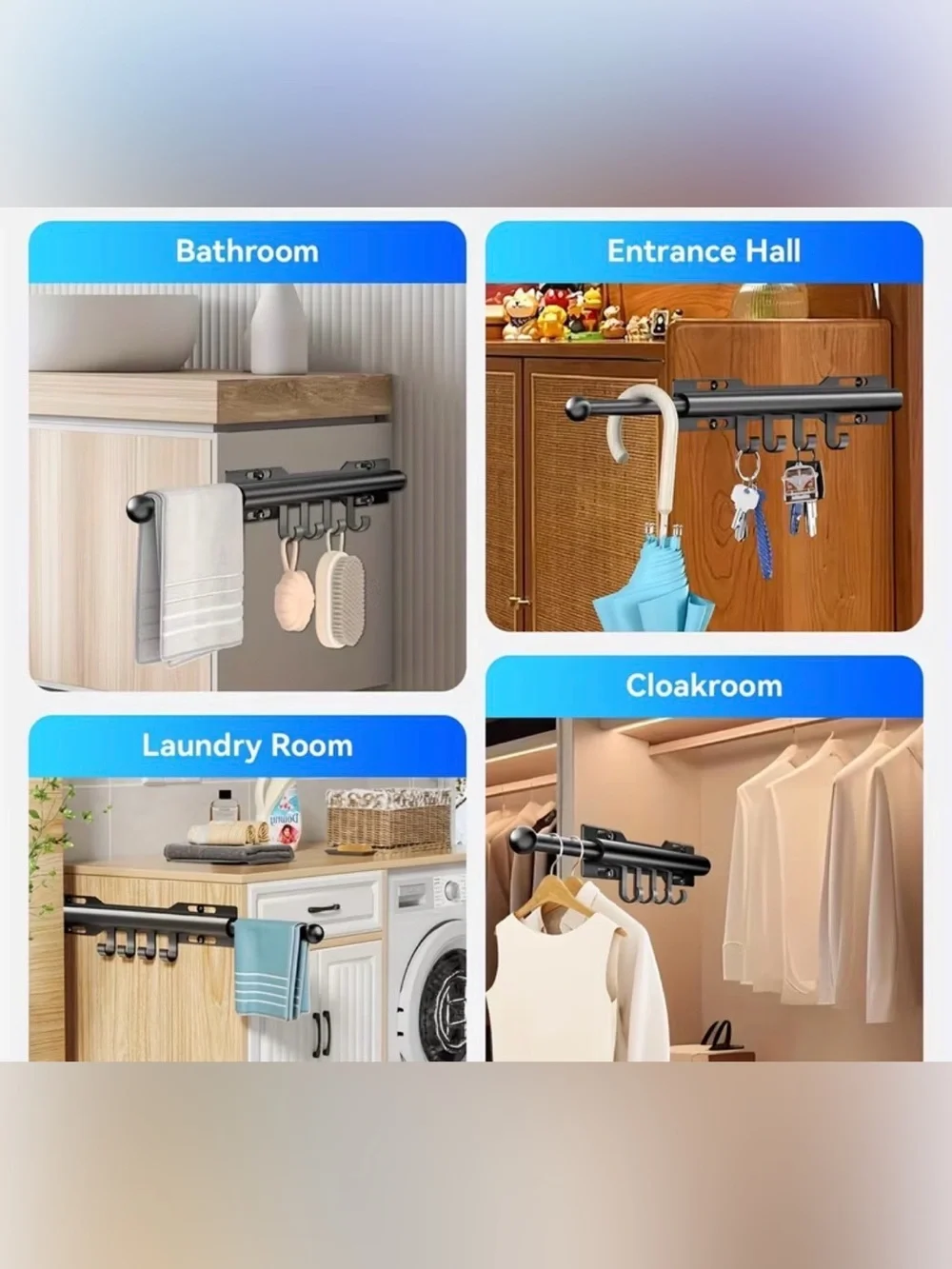 Telescoping Wardrobe Rod Black Metal with Hooks - Home Organization NIB